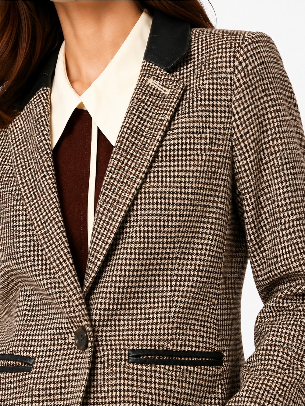 Club Monaco Houndstooth Leather Collar Blazer Tailored Career Jacket - Picture 5 of 7